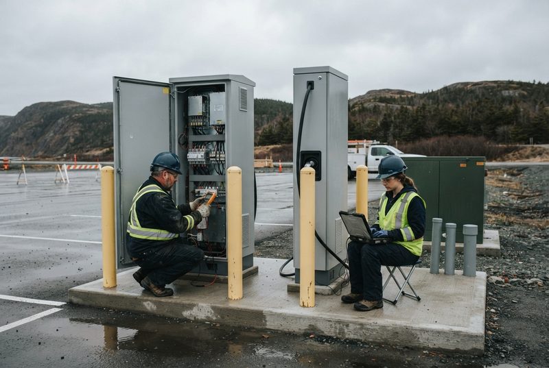 Electricians commissioning DC fast charging stations