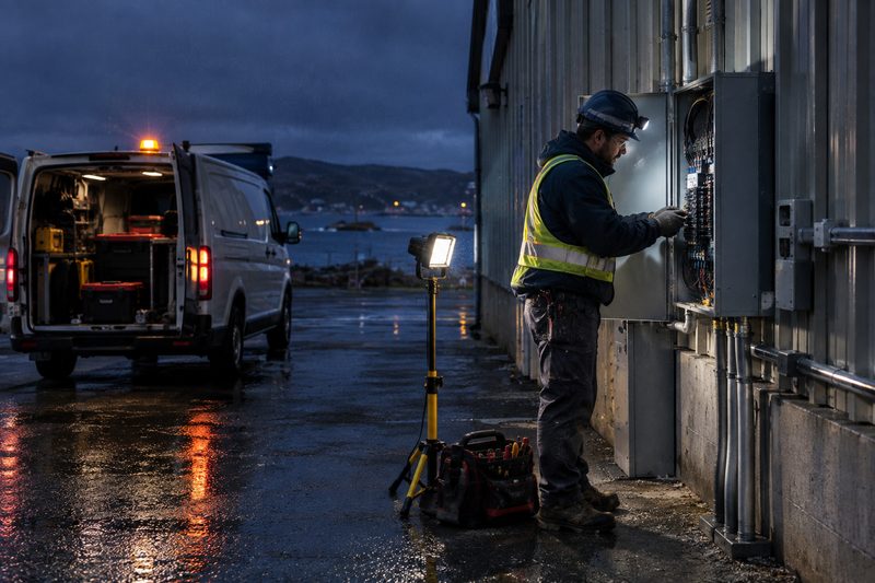 Electrician performing emergency service work at night