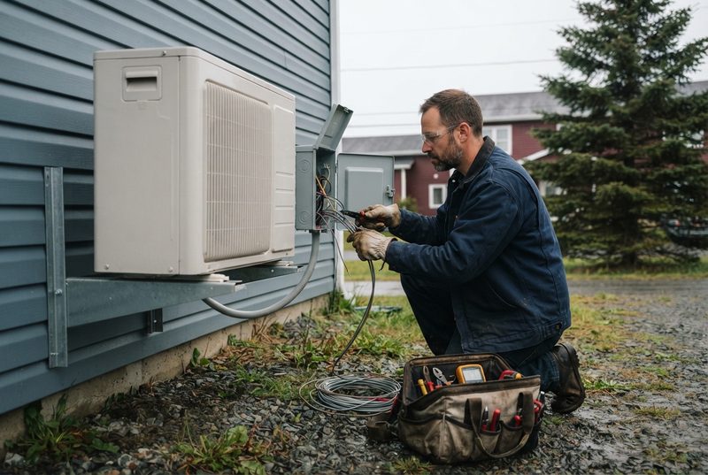 electrician wiring an outdoor heat pump unit