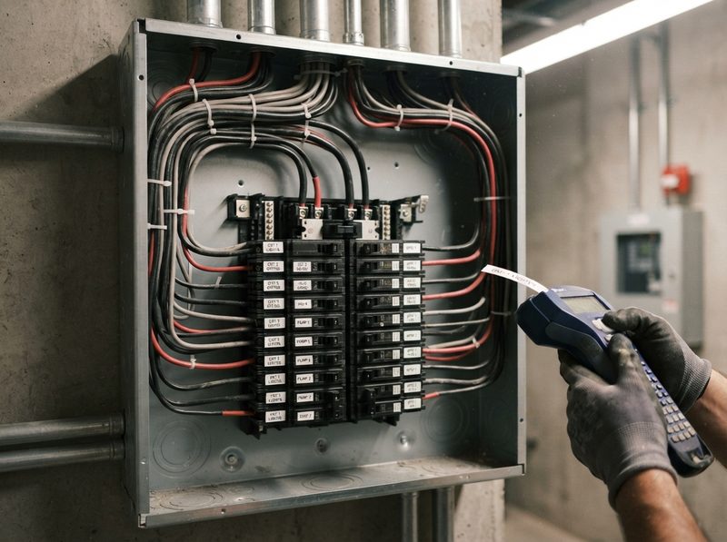 Inside a newly installed distribution panel: neat wiring, labelled breakers