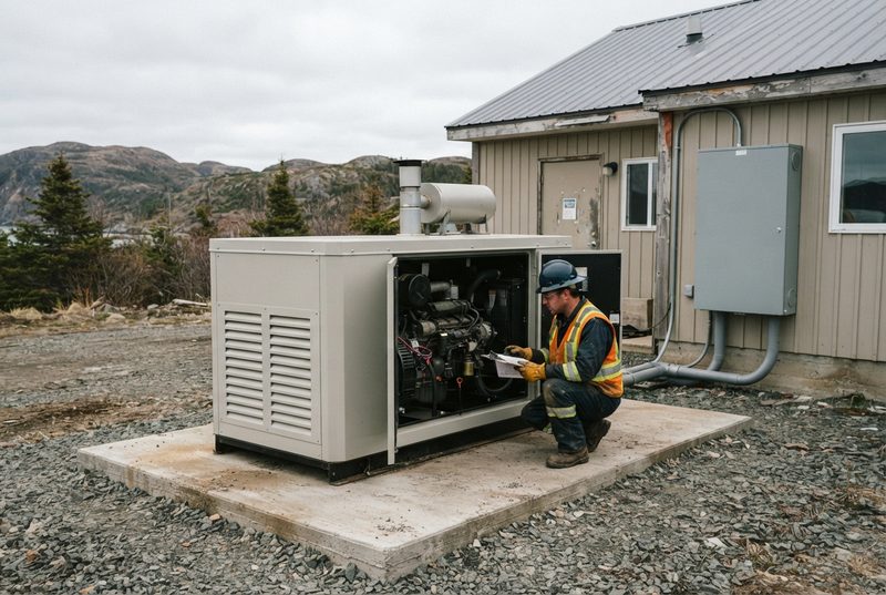 Electrician servicing a commercial standby generator on a concrete pad